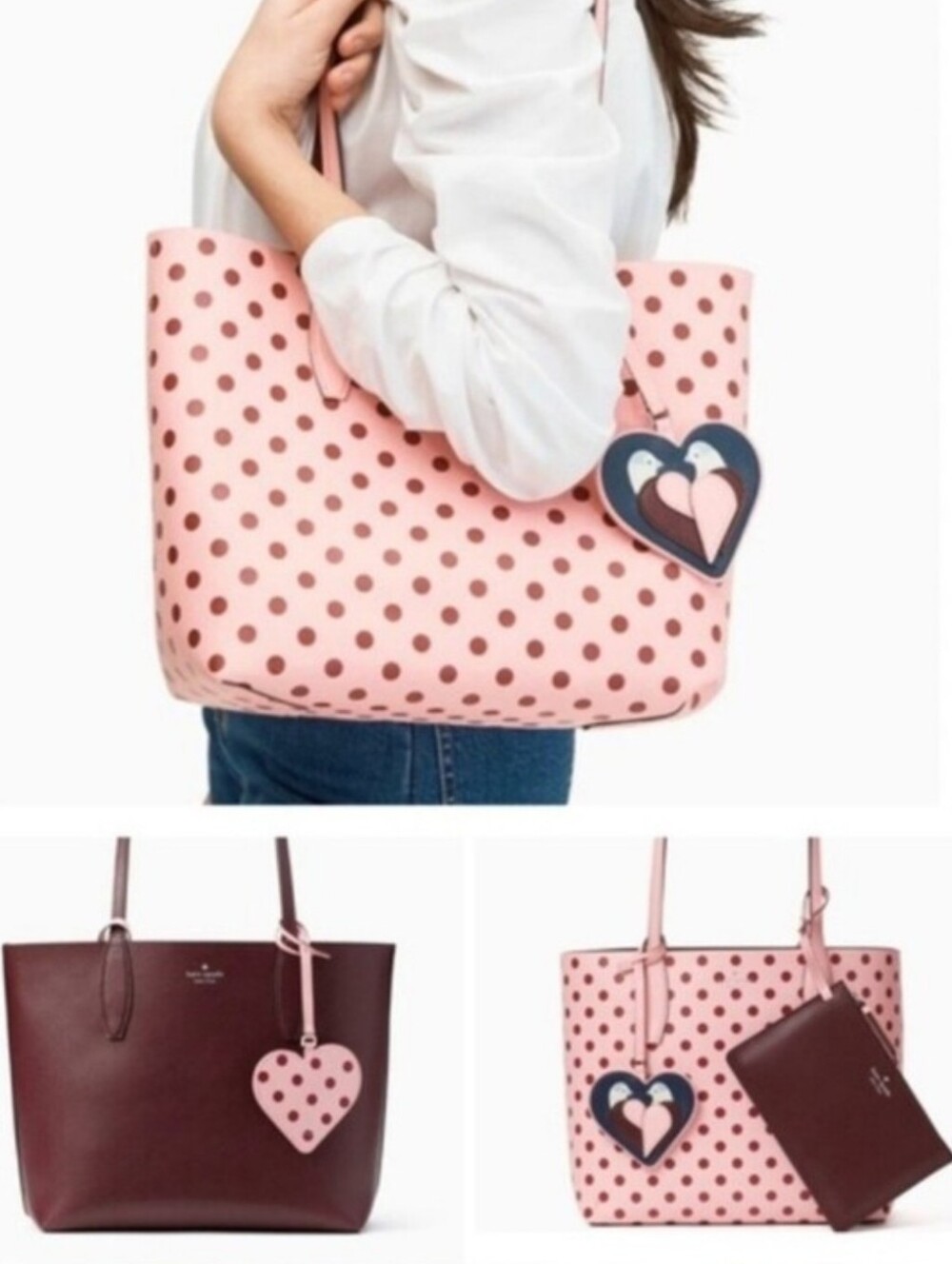 NWT Kate Spade Arch Love Birds Reversible Tote Polka Dot Leather Pink & Brown